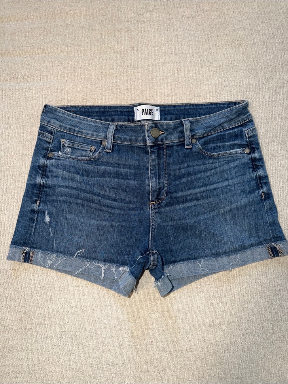 PAIGE Blue Frayed Hem Denim Shorts